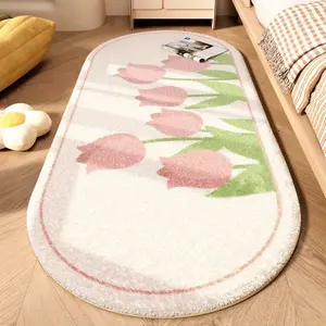 1pc Pink tulips Bedroom Decoration Bedroom Rugs Bedside Plush Carpet Cream Style Ins Floral Fluffy Area Rug Living Room Long Carpet Home Lounge Non-slip Carpet Flush Soft Washable Floor Mat