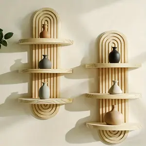 Bohemian Style Multi-Layer Wooden Wall Shelf, Wall Organizer Shelf, Space-Saving Curved Storage Rack, Natural Finish, Modern Country Decor for Bathroom Living Room Bedroom Kitchen, Vintage Home Decor