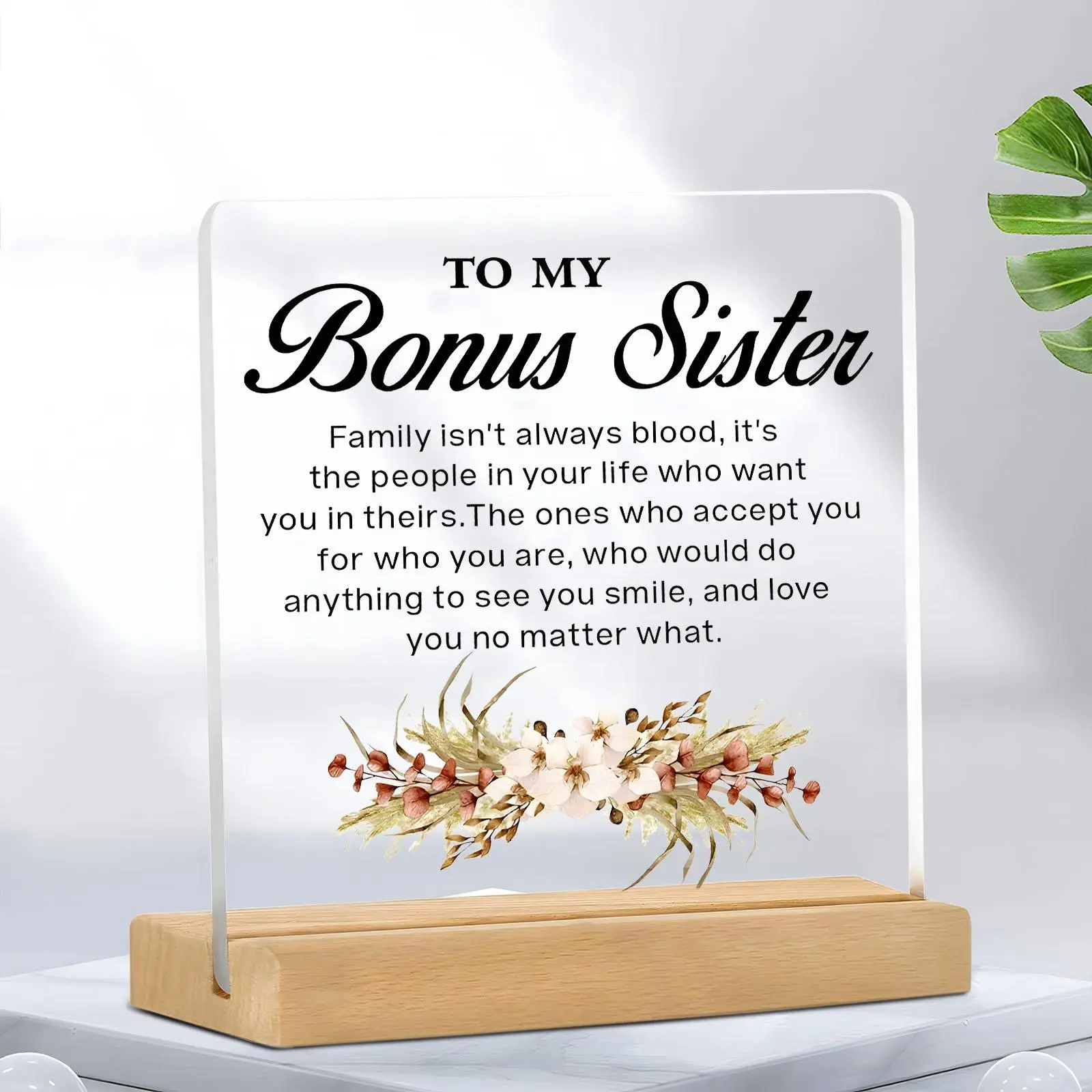 Acrylic Desktop Ornament with Wooden Base, 1 Count Bonus Sister Gift, Desktop Decoration for Home Office, Gift for Sister, Home Decor, Acrylic Plaque Decor