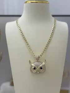Cuban Chain Necklace with Owl Pendant 18 Inch Gold-Tone Fashion Accessory for Men and Women