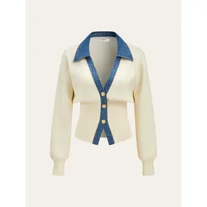 Denim Collar Metal Button V-Neck Knit Top