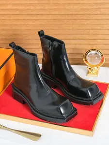 Men's Fashionable Solid Color Square Toe Boots, Casual Comfortable Zipper Design Closed Boots for Daily Wear, Male All-match Trendy Shoes for Fall & Winter Footwear