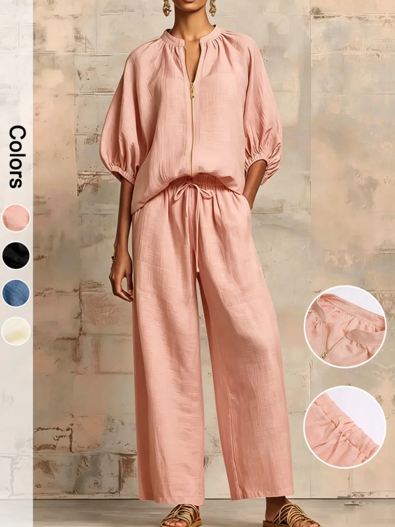 Women's Two-Piece Outfit Set, Casual Minimalist Oversized Loose Fit Solid Color Zipper Round Neck Top & Wide Leg Pants, Comfortable and Stylish Daily Wear