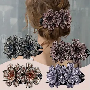4pcs Sparkly Rhinestone Flower Hair Clips for Women – Glittery Double Flower Hair Claws, Elegant Plastic Barrettes for Thick Long Hair, Perfect for Birthday Gifts, Parties, and Weddings, Hair Accessories tiktokshopspringglowup