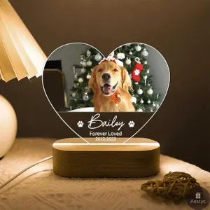 Personalized Pet Night Light Souvenir Gift Custom Dog Photo LED Light Cat Bedroom Nightlight Pet Picture Frame Gift for Pet Cat Dog Loss Memorial Gift Heart Shaped Acrylic Decor Block Acrylic Decorative Plaque