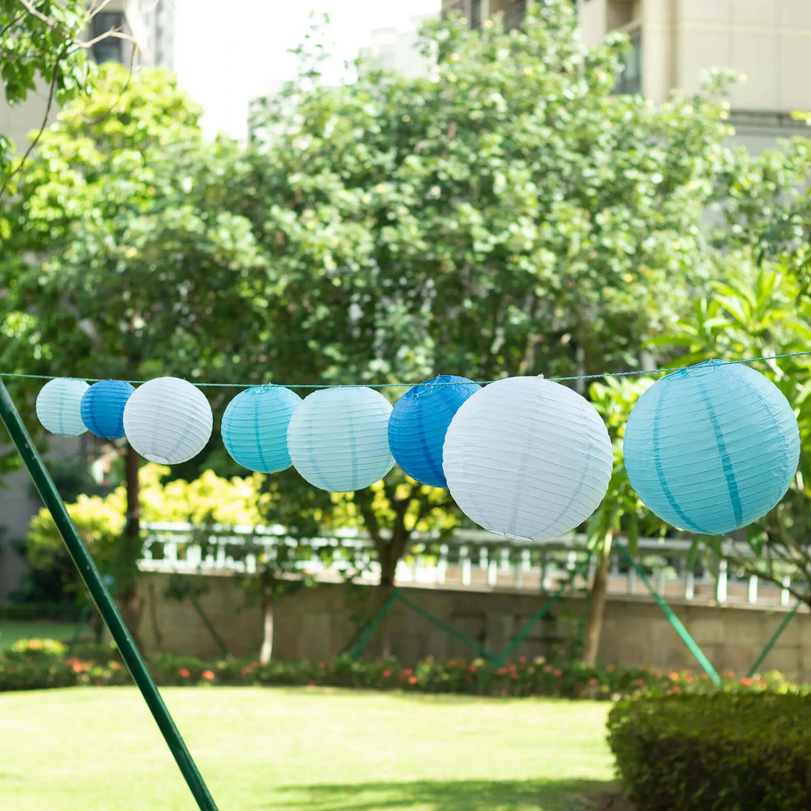8-Piece Mixed Blue and White Hanging Paper Lanterns Set - Assorted Sizes 6",8",10",14", Decorative Round Chinese Sky Lanterns for Party Supplies