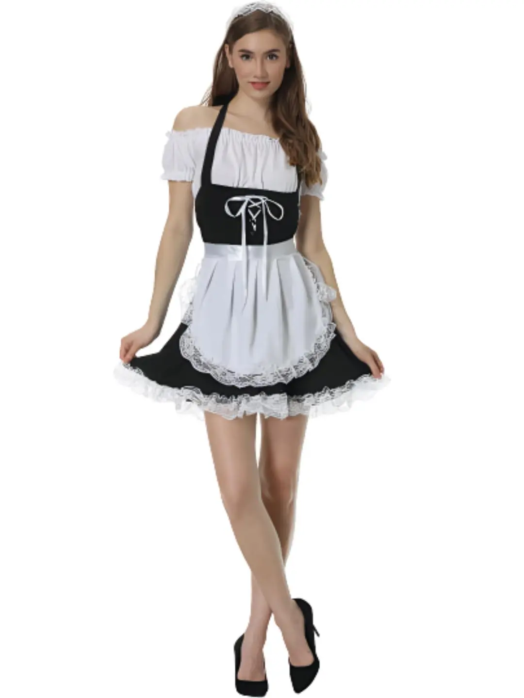 Women's French Maid Costume Anime Cosplay Dress Off Shoulder Lace Apron Outfit Halloween Party Costume