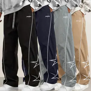 Men’s loose casual athletic pants featuring letter and star designs, with an elastic waistband and adjustable drawstring.