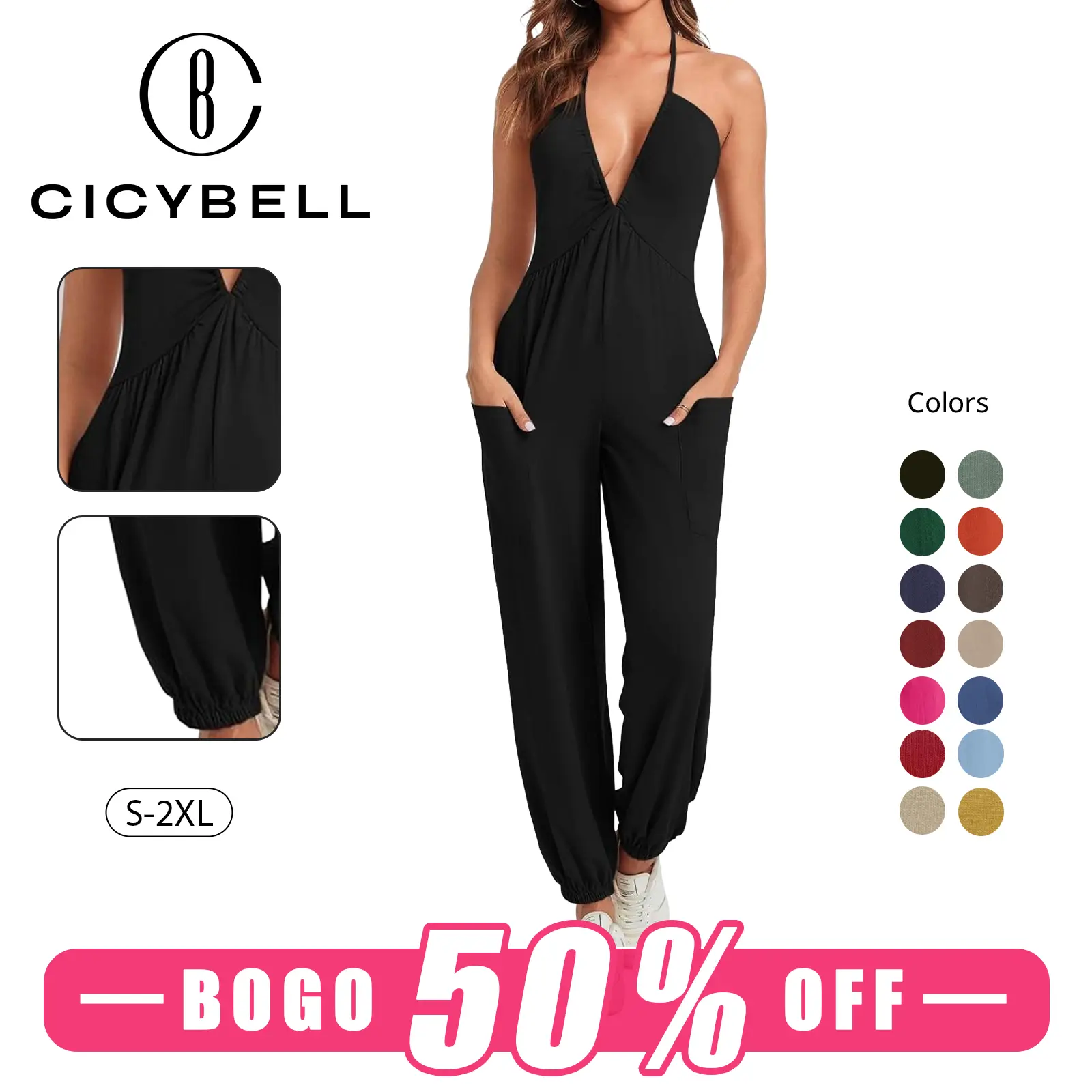 【BOGO 50% Off 】Cicy Bell Women's Sexy Halter Jumpsuits Casual Deep V Nevk Beach Jogger Long Pants Rompers