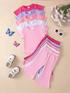 Baby Toddler Soft Comfortable Knit Fabric Solid Color Underwear Short Sleeve Top Bell Bottom Pants Set, Gift Sets, 10 Piece Pack
