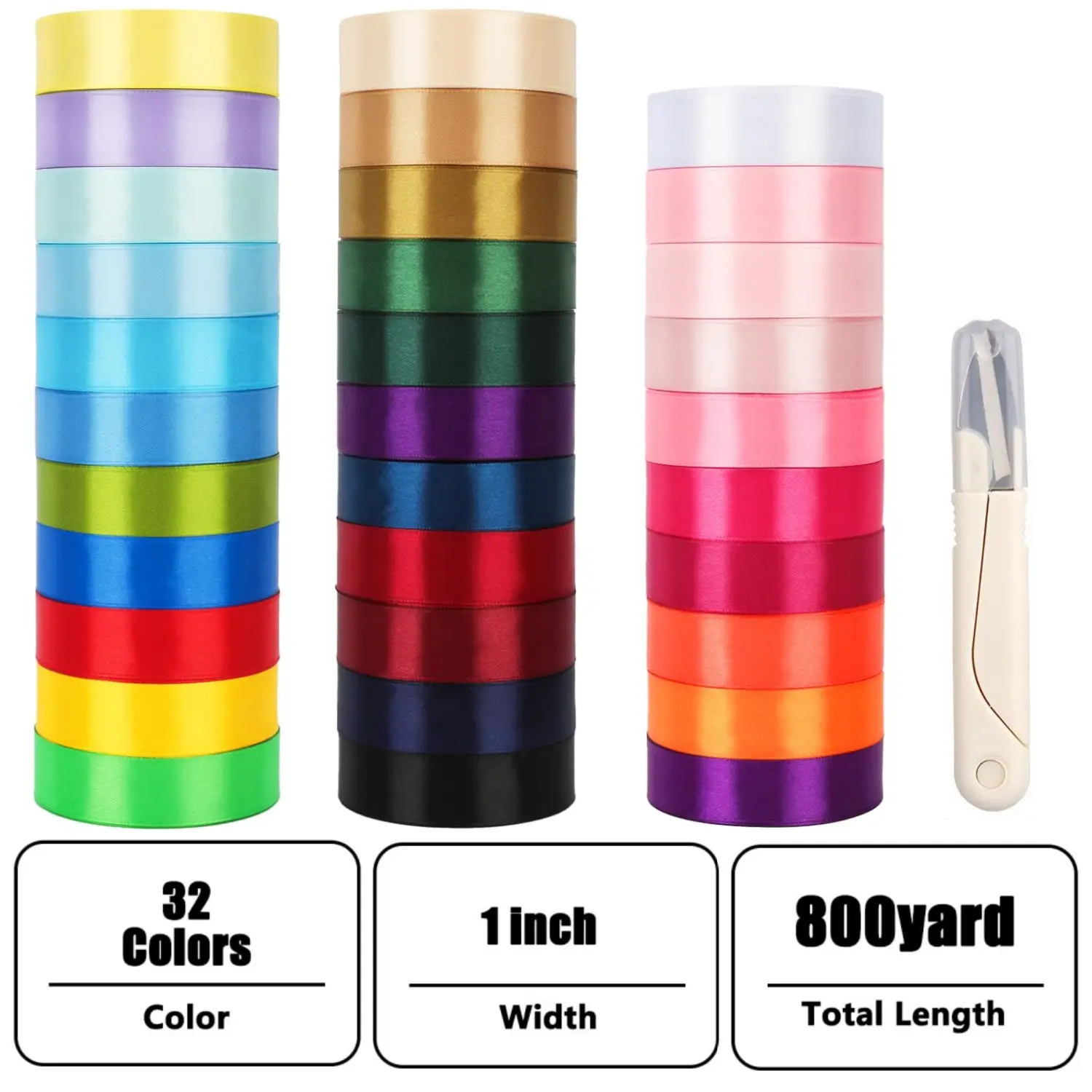 Single-Face Satin Ribbon Bulk Pack - 800yd Total, 1 in Wide, 25yd Per Roll, 32 Assorted Rolls for Gift Wrapping, Wedding Favors