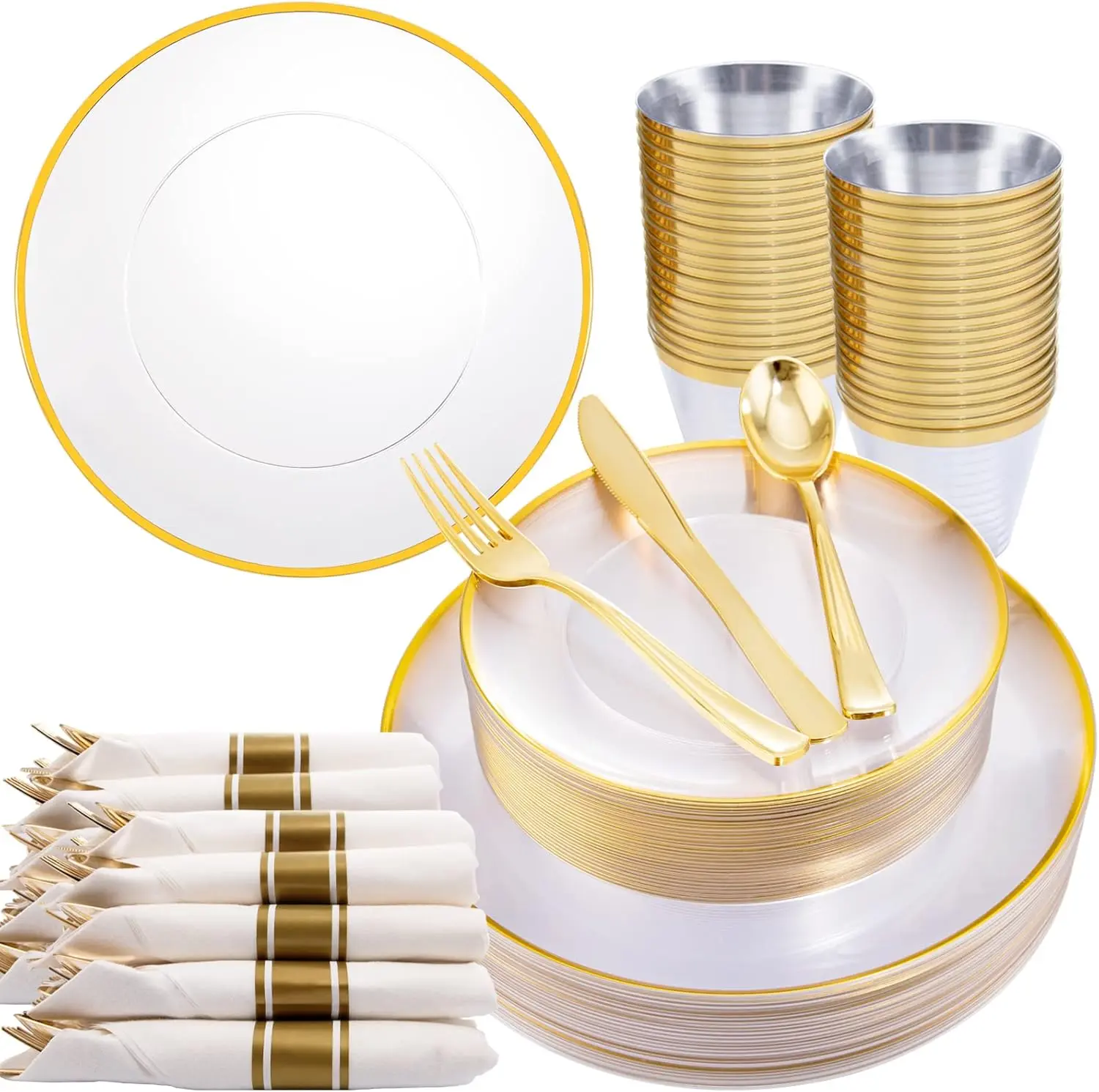 140Pcs Gold Plastic Plates, Clear Disposable Plates with Gold Trim, gold Dinnerware Include 20Dinner Plates,20Salad Plates, 20Cups,20Silverware With Pre Rolled Napkins