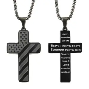 Men's American Flag Cross Necklace, Men's Cross Necklace, Stainless Steel Pendant Chain with Bible Verse, Baptism & First Communion Pendant Chain Gifts