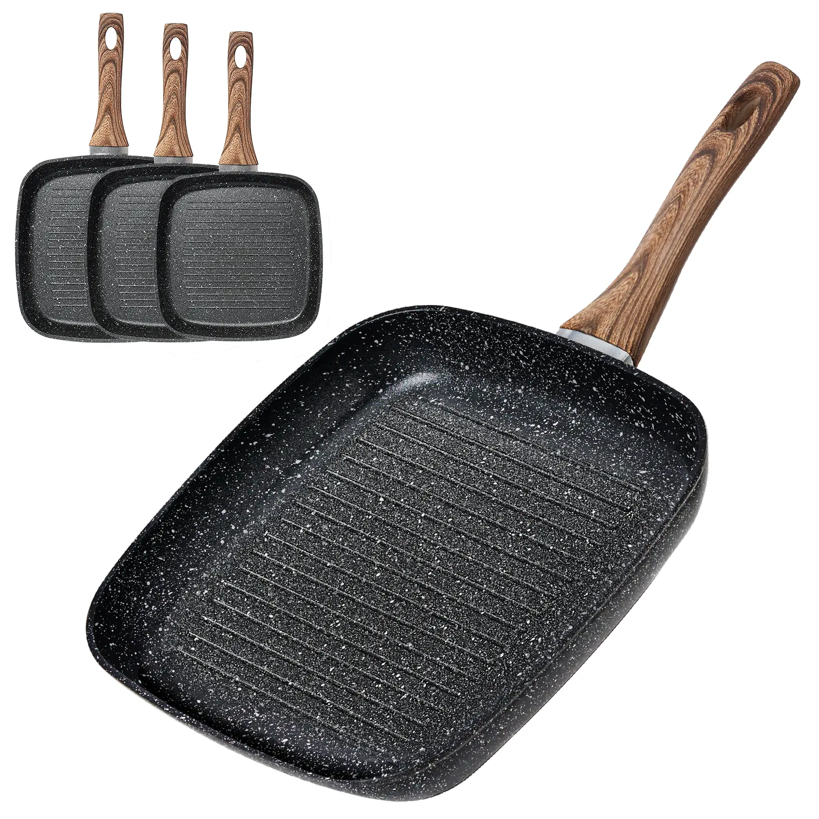 DUMOS 3-Piece Nonstick Grooved Aluminum Square Grill Pan Pots and Pans Set, PFOA-Free Easy-Clean Skillets with Stay-Cool Handles, Compatible with All Stovetops for Indoor & Outdoor RV Camping, Camping Cooking