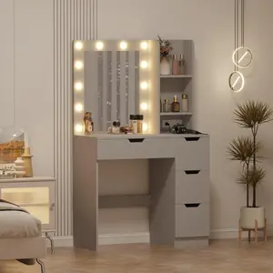 Modern Grey LED Lighted Vanity Table for Bedroom, Adjustable Illuminated Mirror with 4 Spacious Storage Drawers, Integrated Power Outlet and USB Charging Ports for Daily Beauty Use