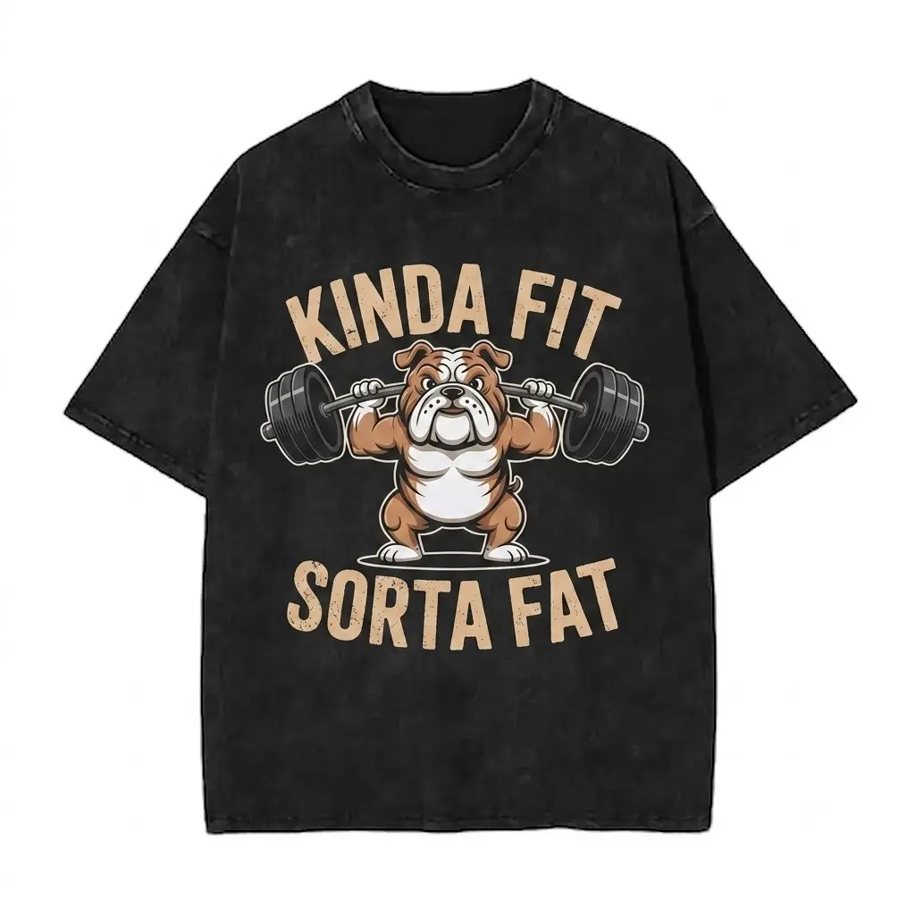 Acid Wash Graphic Tshirt, Unisex 100% Cotton Baggy Casual Vintage Top with Funny 'Kinda Fit Sorta Fat' Gym Slogan, Shortsleeve
