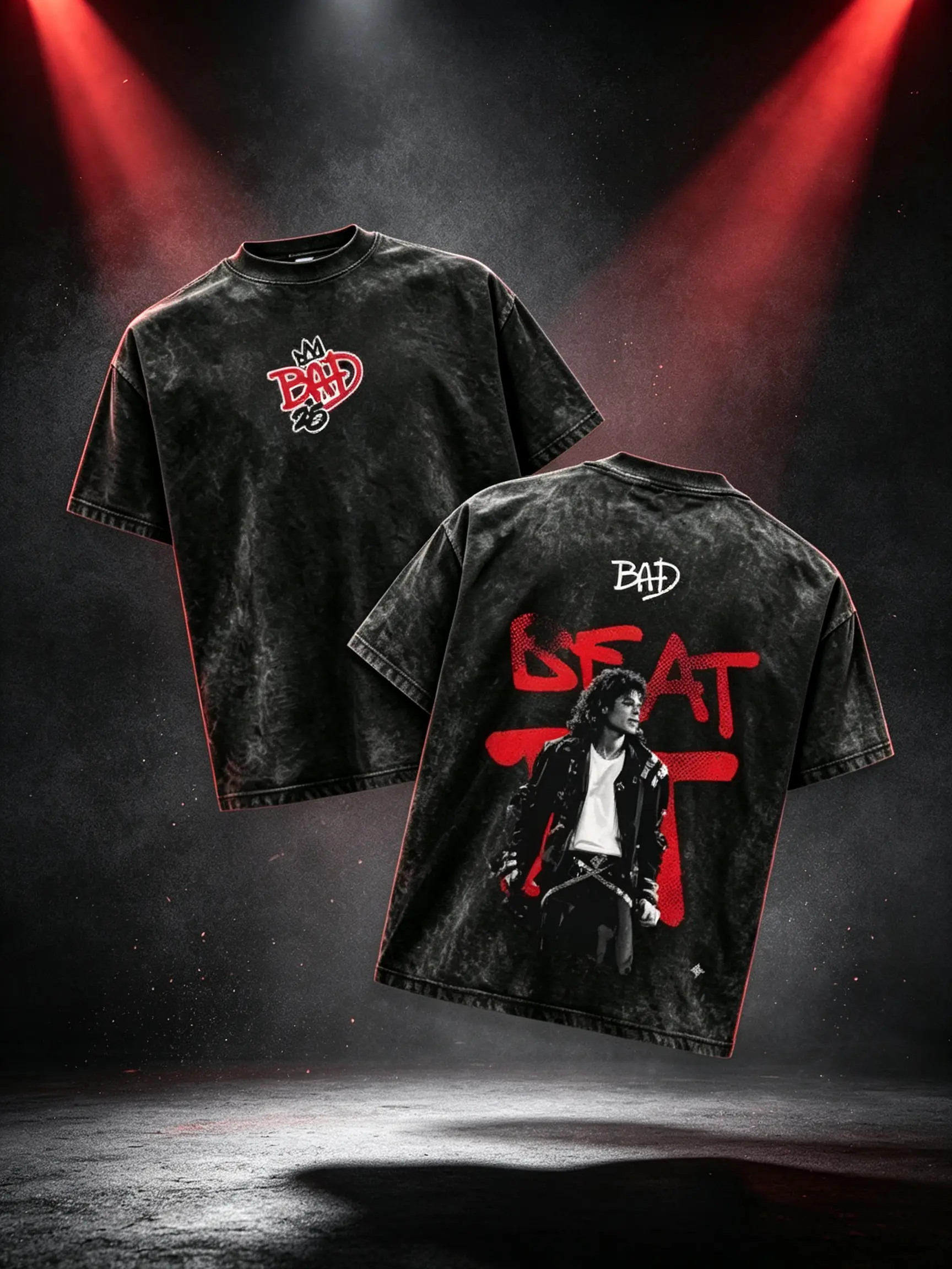 Michael Jackson BAD Vintage Acid Wash Oversized T-Shirt Front BAD Crown Logo Back Beat It MJ Portrait Graphic Distressed Black Unisex Crewneck Soft Cotton King Of Pop Tee Ideal Gift For MJ Fans Retro Music Concert Street OutfitGrunge Graphic Album T-Shirt