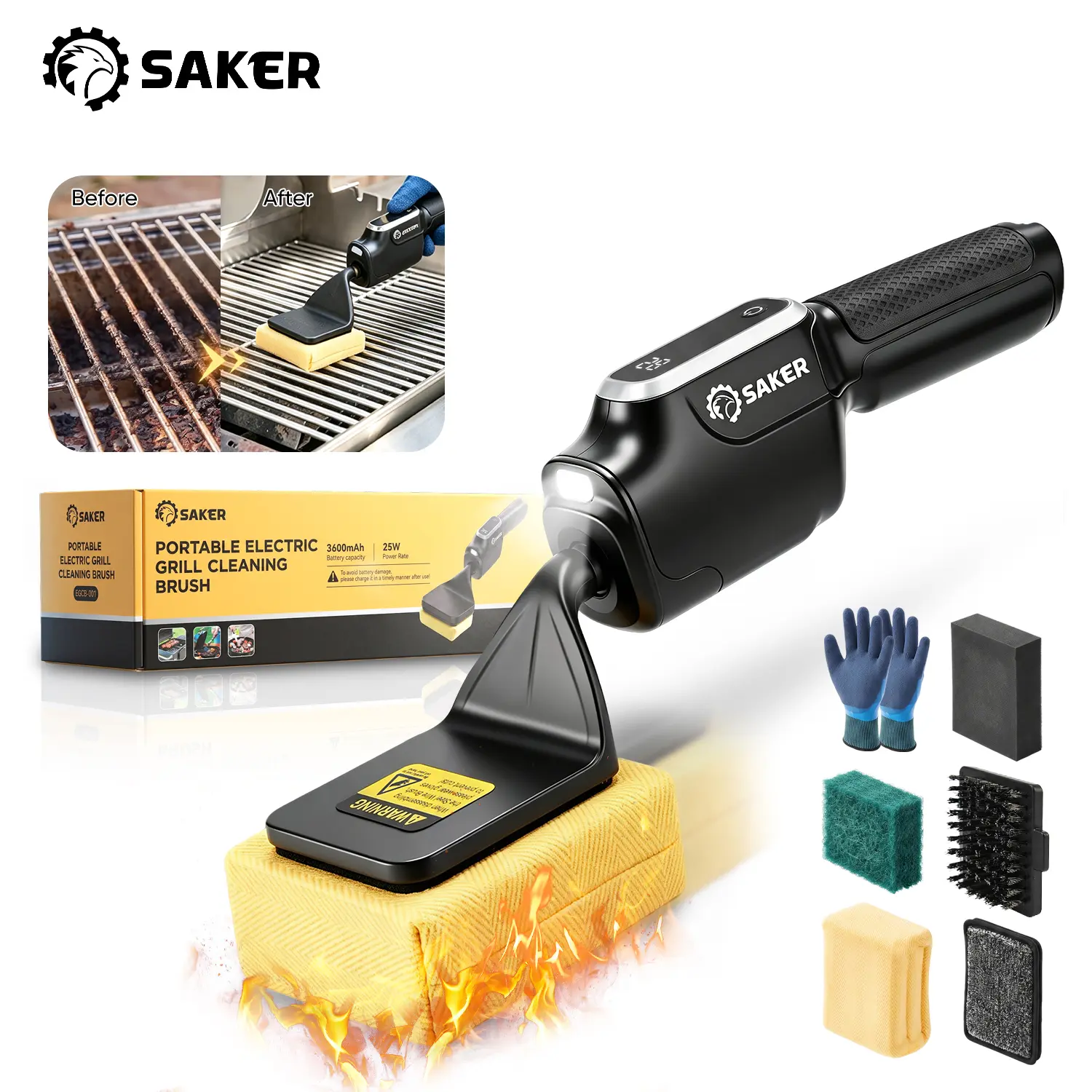 Saker Cordless Electric Grill Brush - BBQ Cleaner with 5 Interchangeable Heads, Fire-Resistant Pad, Reciprocating Scrubber for Charcoal, Flat Top Outdoor Grills