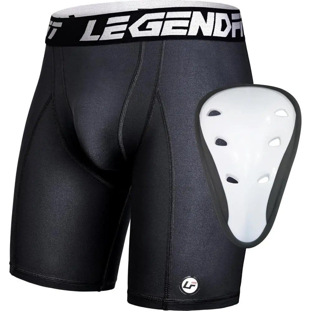 Men's Protective Compression Shorts with Cup Protection, Plastic Cup Straps, Polyester+Spandex 4-Way Stretch, Breathable Wide Waistband & Reflective Logo, Machine-Washable Athletic Underwear for Football, Softball, Male, Elastic Waistband, Protective Cup