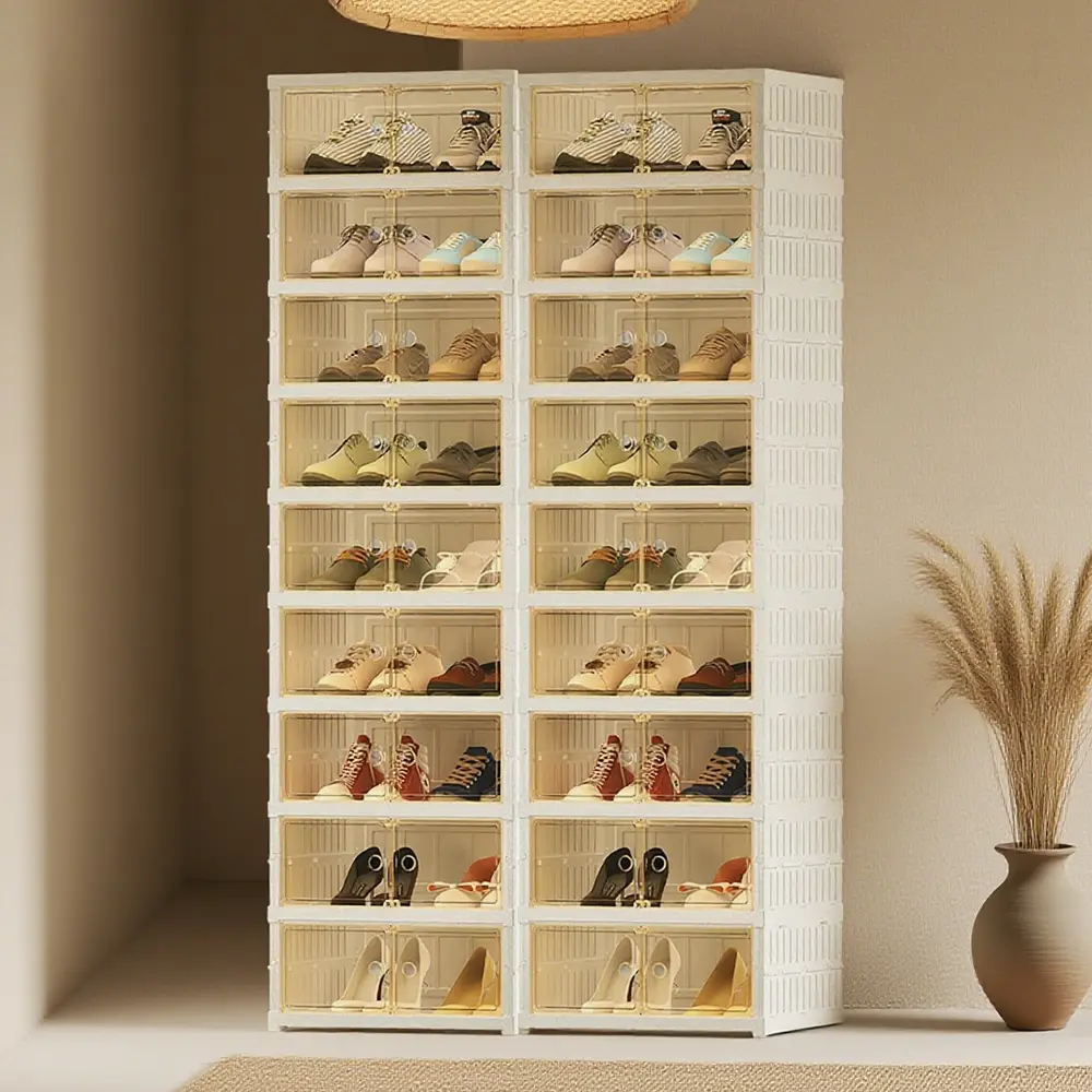 6/9-Tier Foldable Shoe Cabinet, 1pc, Can Store 18/36 Pairs Of Shoes - Plastic Collapsible Shoes Storage Box Clear Shoe Organizer, Large Folding Cabinet Bins.Stackable Plastic Shoe Box, Storage Shoe Cabinet for Hallway, Living Room, Closet, Portable Closet