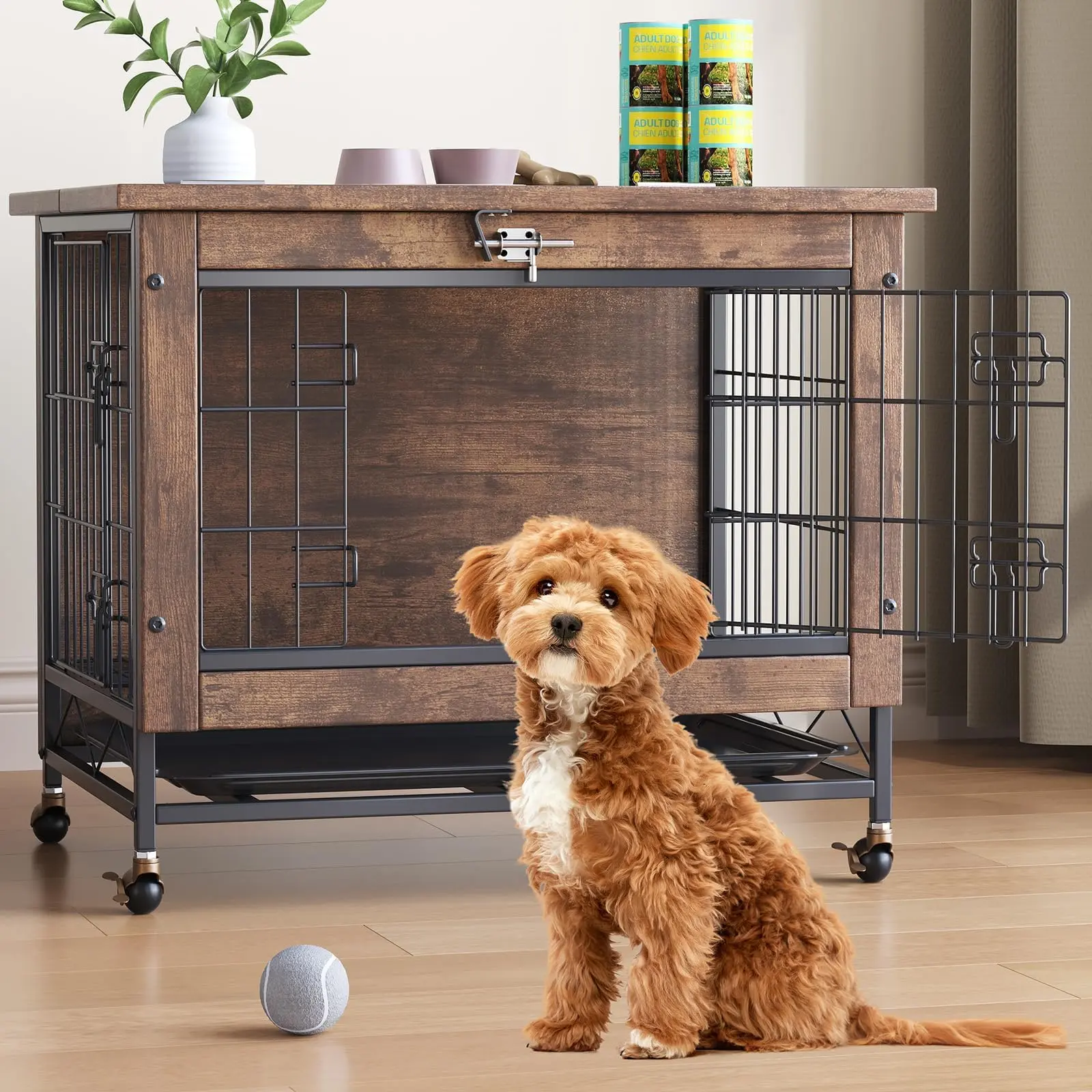 YJ-Garvee Rustic Brown Small Dog Crate Furniture with 2 Doors and Wheels, Featuring an End Table Dog Kennel with Tray, Dimensions 26.4" W x 19.7" D x 25.6" H, Ideal for Small Dogs