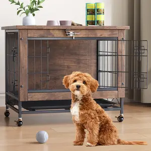 YJ-Garvee Rustic Brown Small Dog Crate Furniture with 2 Doors and Wheels, Includes Tray, Measures 26.4" W x 19.7" D x 25.6" H, Doubles as End Table and Dog Kennel
