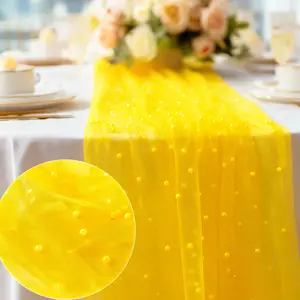 Luxurious yellow tulle table runners with pearls, 63*119 inches, 1/2/3-piece pack. Suitable for decorating arches/table runners/tables/chair back straps/dessert tables. Perfect for wedding ceremonies and holiday party decorations.