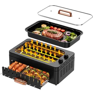 1500W 3-in-1 Smokeless Indoor BBQ Grill, 360° Auto-Rotating Hot Dog Roller & Kabob Skewers, Dual-Zone Grill/Universal Griddle, Adjustable Temp Control, Non-Stick Removable Design, Electric Grill for Steak, Burgers, Vegetables & Home Party Cooking