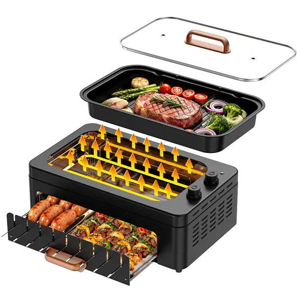 1500W 3-in-1 Smokeless Indoor BBQ Grill, 360° Auto-Rotating Hot Dog Roller & Kabob Skewers, Dual-Zone Grill/Universal Griddle, Adjustable Temp Control, Non-Stick Removable Design, Electric Grill for Steak, Burgers, Vegetables & Home Party Cooking