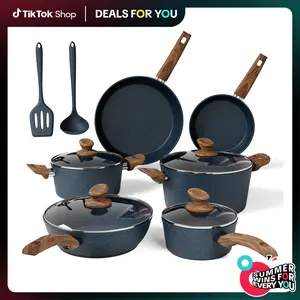 [Deals for you] Kitchen Academy Induction Cookware Sets - 12/17/30 Pieces Cooking Set, Granite Nonstick Pots and Pans Silicone Cast Iron Skillet Beige Cooking Set