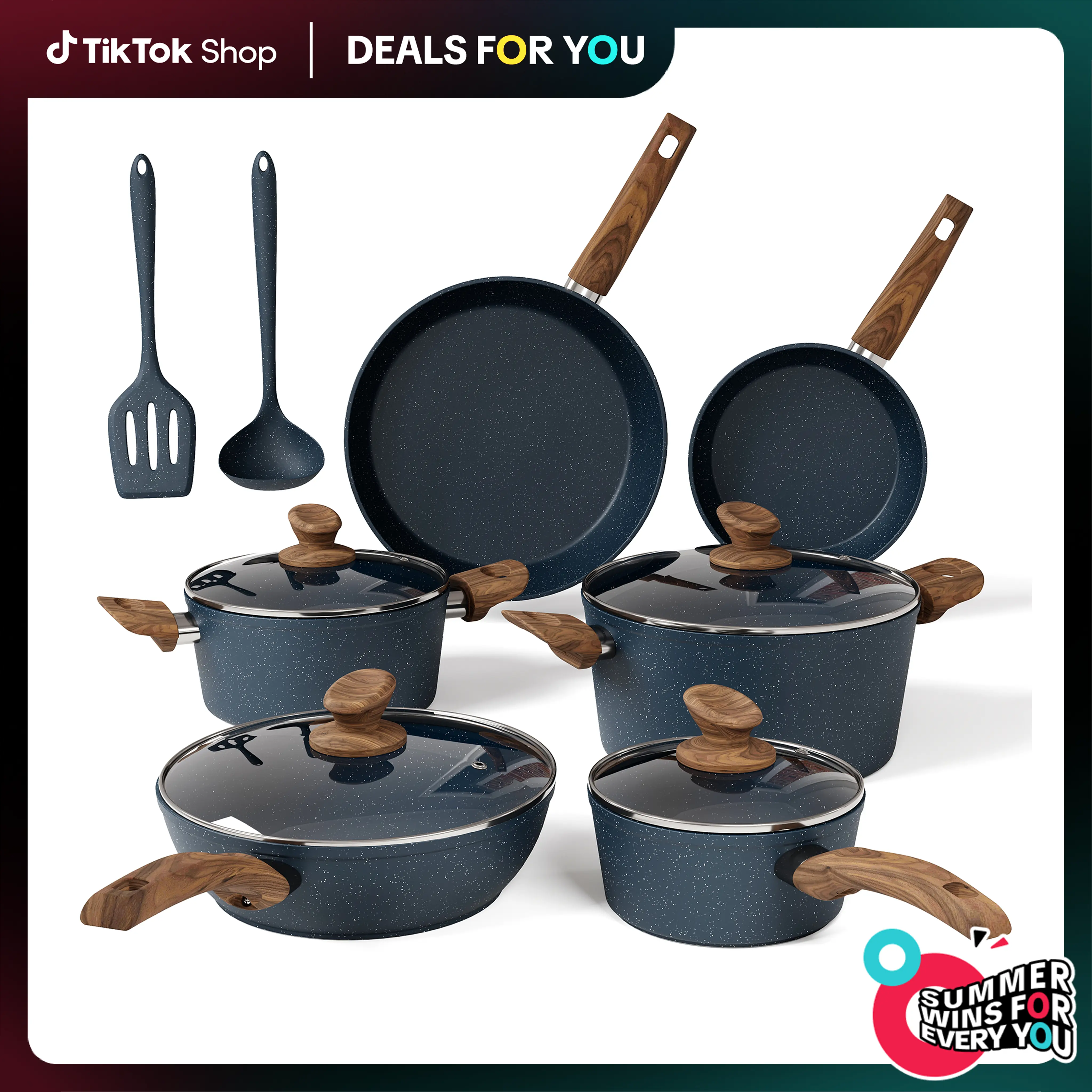 DealsForYouDays Kitchen Academy Induction Cookware Sets - 12/17/30 Pieces Cooking Set, Granite Nonstick Pots and Pans Silicone Cast Iron Skillet Beige Cooking Set