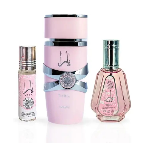 Yara Women's 3-Piece Minisize Fragrance Set - 100ml, 50ml, 10ml Roll-On & EDP Spray Perfumes, Long Lasting Citrus & Liquid Notes with Sweet Vanilla, Tropical Fruit Scents
