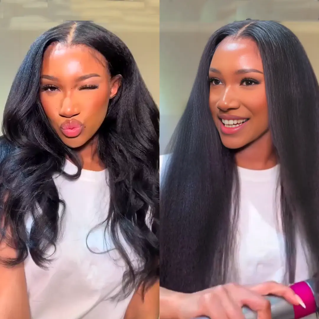 Nadula V Part Kinky Straight Summer Wig Minimal Leave Out Glueless 100% Human Hair Natural Density Soft Blends Well EasiContour Adjustable Cap Beginner Friendly SummerTurnUp