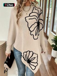 women's floral pattern asymmetrical hem batwing sleeve sweater, casual pastel long sleeve round neck jumper for fall & winter, fashion ladies' knitwear for daily wear