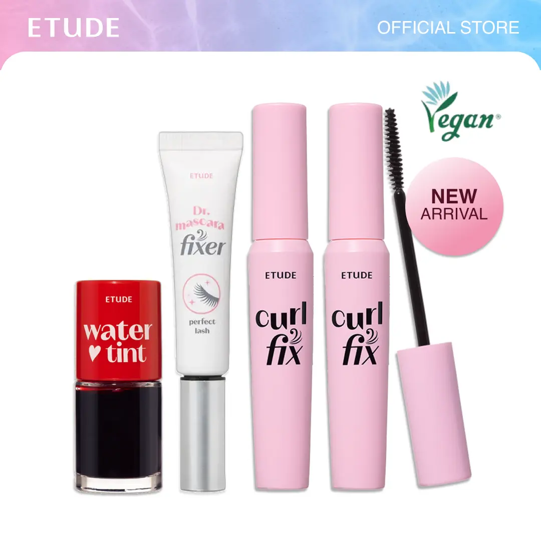 [ETUDE Official] K-Pop Idol Lash & Juicy Lip Set | Curl Fix Mascara BOGO+Dr.Mascara Fixer+Dear Darling Water Tint | Eye and lip makeup bundle | Smudge-proof mascara | K-pop makeup | TikTokShop Exclusive