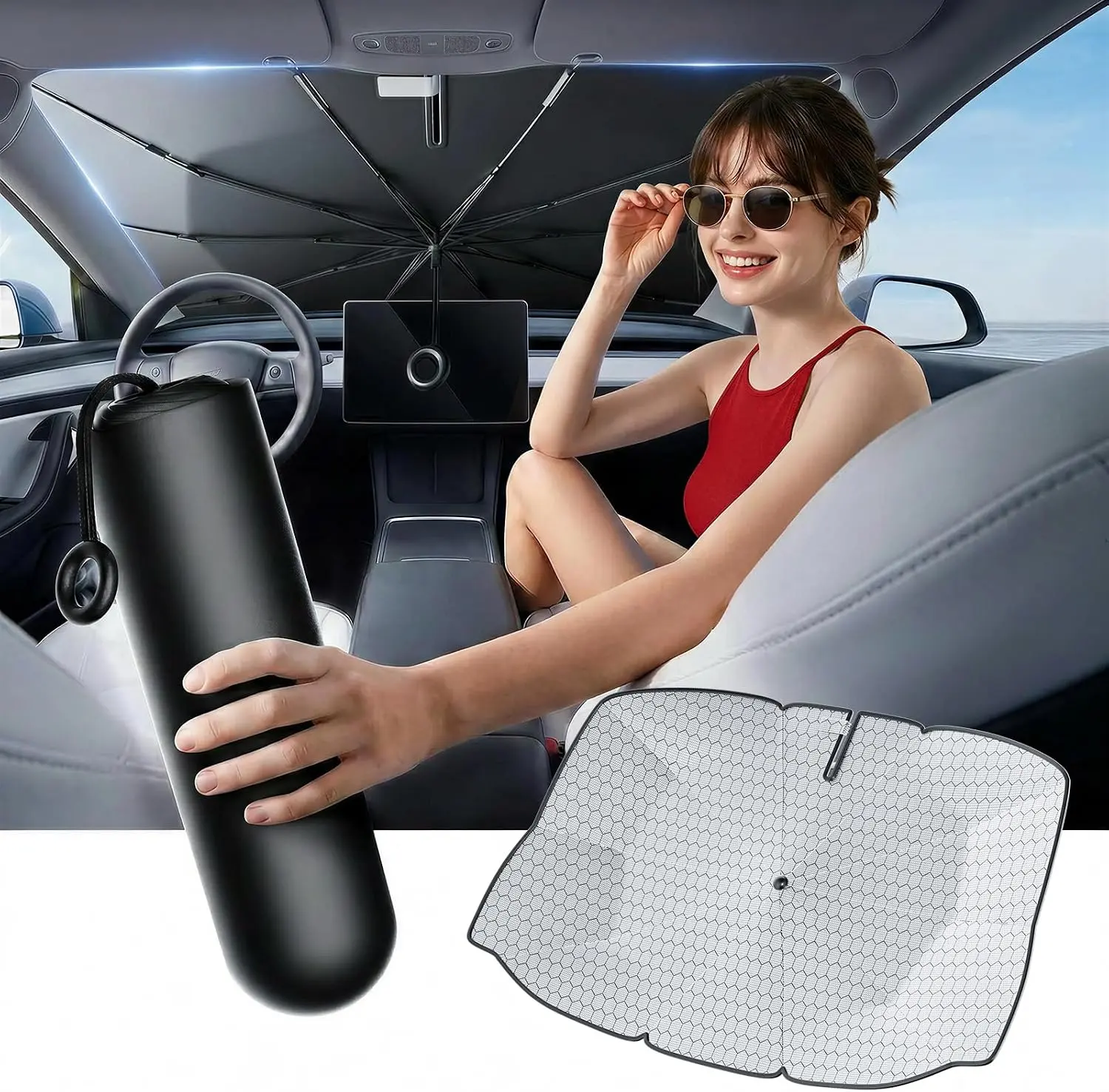 2026 Windshield Sun Shade Umbrella, Foldable Car Sunshade, 99% UV Block | Car Front Window Shield(Heat Insulation Protection) for Auto Windshield Covers Blackout Trucks Cars(Large)