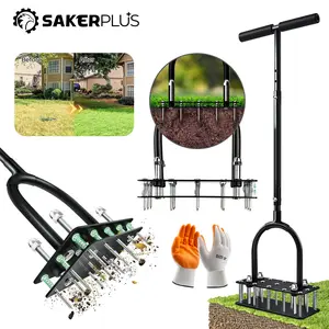Sakerplus Spring-Loaded Lawn Aerator | Upgraded Self-Cleaning & No-Clog Design | 15 Sharp Spikes for Deep Soil Relief | Professional Lawn Care Tool
