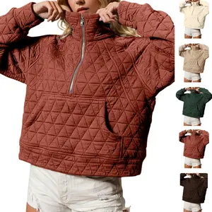 Molitree Women's Quilted Puffer Jacket Half-Zip Pullover Sweatshirt Long Sleeve Lightweight Fall Casual Oversize Warm Outerwear with Kangaroo Pocket and Diamond Quilted Texture Coats Tops