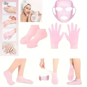 Silicone Mask Moisturizing Gloves Socks Set, Hydrating Face Mask Cover, Non-Slip Soft Spa Gel Socks, Exfoliating Gloves for Dry Rough Skin Care, Intensive Foot Care, Moisturizing Feet Mask