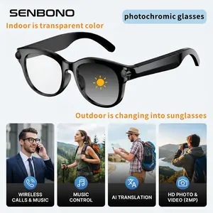 SENBONO photochromic sunglasses, Multifunctional smart glasses, equipped with a camera, can capture videos, support language translation, open audio, answering phone calls, listening to music, holiday gifts