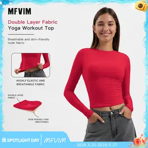 MFVIM Women's Long Sleeve Shirt Soft Round Neck Autumn Basic Fitted Top Slim Fit Casual Outgoing T-Shirt Summer Womenswear Nylon Crewneck Spandex Tshirt Streetwear Milky White Double Layer Fabric Yoga Workout Top Piece Minimalist compression shirts Short