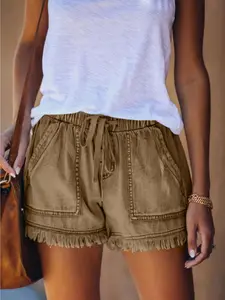 Waist High Rise Denim Shorts Women'S Raw Hem Fringe Shorts Comfort Stretch Fit Casual Summer Bottoms