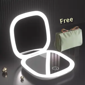 Portable Folding LED Makeup Mirror with Dual-Sided Lighting 3-Color Modes USB Rechargeable Free Makeup Bag Included