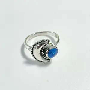 Sterling Silver 925 Blue Lab Opal Moon Ring Band