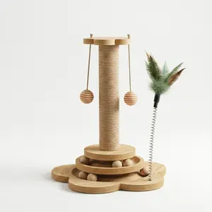 Vertical Solid Wood Cat Scratching Post with Toy Track - All-in-One Cat Tree with Sisal Rope, Hanging Balls & Feather Wand for Indoor Cats, Sturdy Flower Base, Sisal Scratching Posts, Scratcher