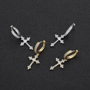 Unisex Studded Cross Artificial Gemstone Earrings - Hip-Hop Luxury Iceout Design, Bling Stylish Accessory, Valentine's Day Gift, Studded Cross Earrings, Cross Charm Earrings, Crucifix Pendant Earrings