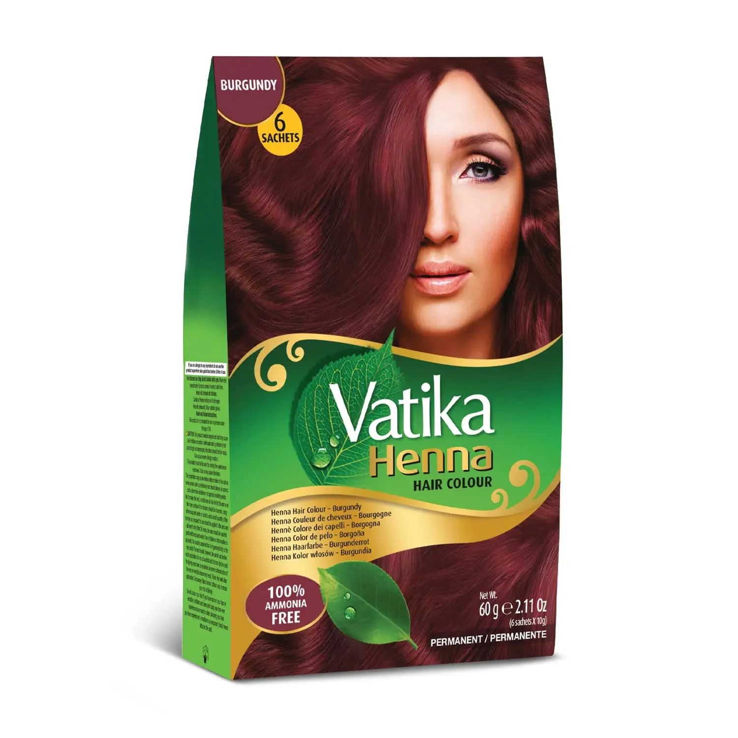 Vatika Naturals Permanent Hair Dye Kit Permanent Color (Burgundy) - 6x10g Sachets (60g), Ammonia-Free Haircare with Natural Henna, Gentle Grey Coverage, Nourishing Herbal Blend, Moisture-Conditioning for Soft Shiny Long-Lasting Results (Pack of 1/3/6)