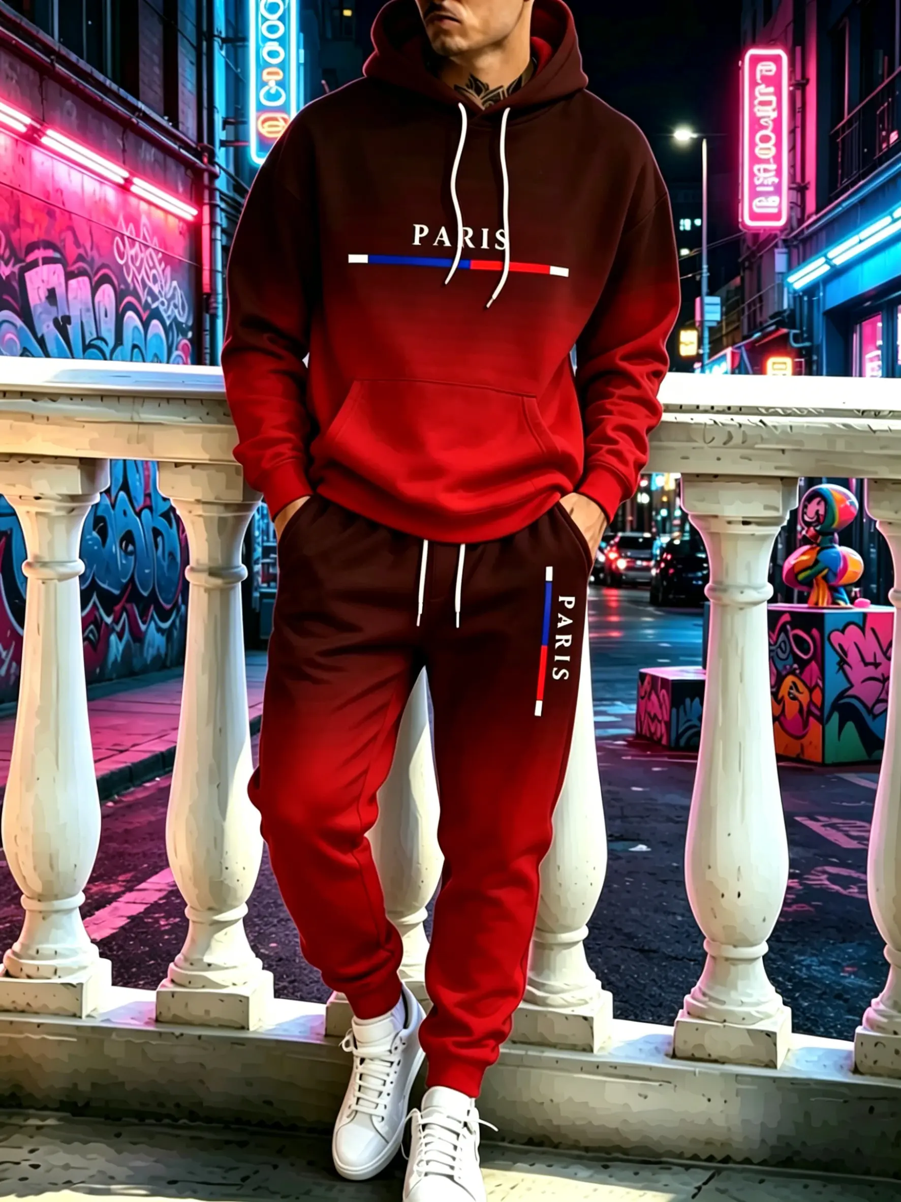 New for autumn/winter men’s two-piece athletic set featuring a 3D lion flame all-over print hooded sweatshirt and jogging pants; a versatile, loose casual streetwear outfit suitable for various occasions.