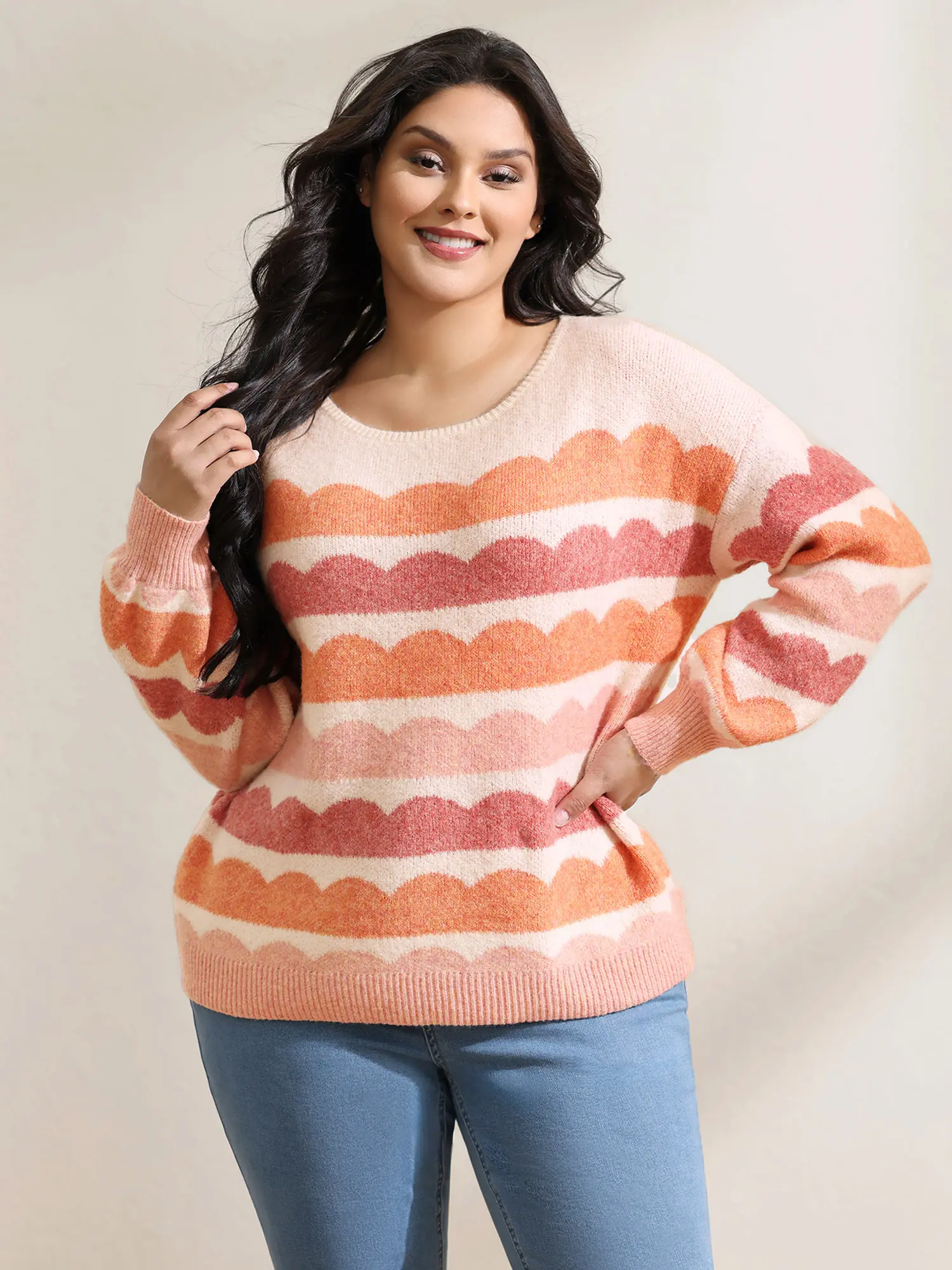 BloomChic Women's Plus Size Color Block Knit Sweater, Casual Fashion Style with Lantern Sleeves and Boat Neck, Curvy Fit in Crepe, Spandex, Fabric, Knitwear, Polyester, Low Iron, Hand Wash, Casual Ootd, Comfy Ootd, Geometric, Colorblock, Regular, Medium S