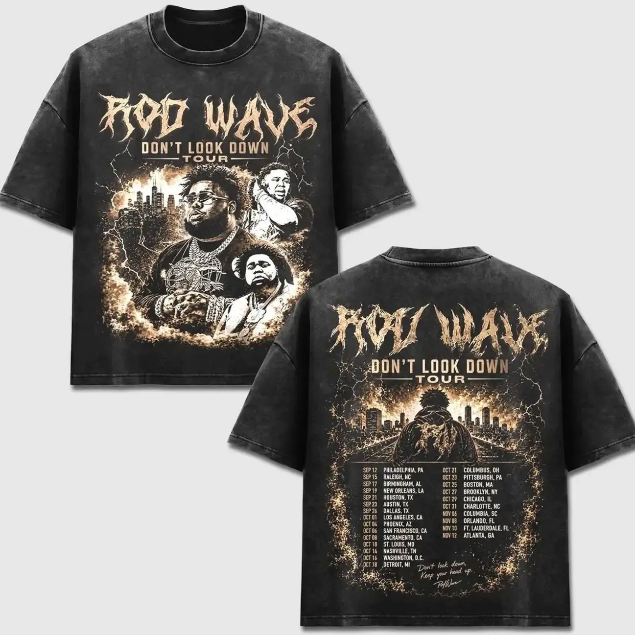 Rod Wave T-Shirt, Dont Look Down Tour Tee, Big Rod Concert Merch, US Cities Schedule Graphic, Lightning Fire Cityscape Top, Vintage Bootleg Rap Style Gear, Retro Acid Washed, US Unisex Casual Oversized Heavyweight Washed Black Sportswear Clothing TEG